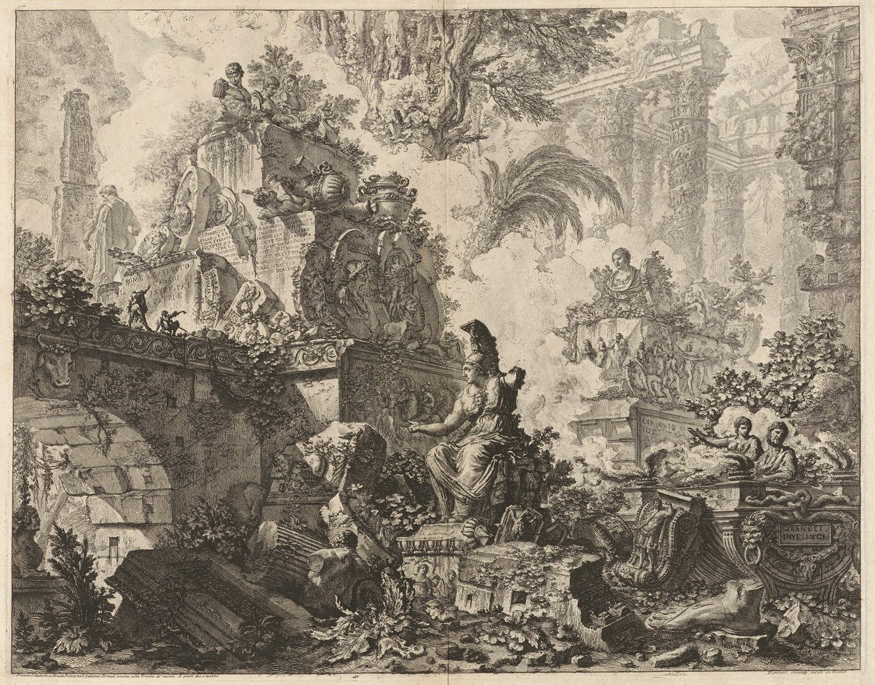 Frontispiece, Fantasy of Ruins Minerva szoborral a középső előtérben, a Vedute di Romából (Római kilátás) alkotó: Giovanni Battista Piranesi