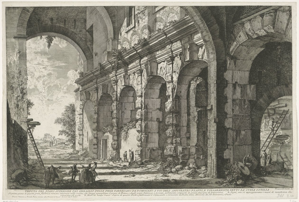 Finanszírozó: Santi Giovanni és Paolo te Rome Kilátás a Serraglio delle Fiere felső emeletére, amelyet Domitianus épített a Flavius-amfiteátrum számára, és közismert nevén Curia Ostilia (cím a tárgyon) Gezichten op Rome (sorozat címe) Nézetek R alkotó: Giovanni Battista Piranesi