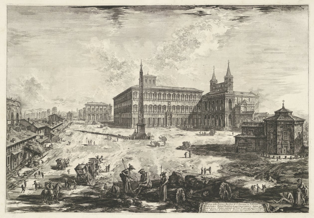 Gezicht op het Lateraan te Rome met de Sint-Jan van Lateranen Kilátás a Piazza-ra és a Laterano-i S. Giovanni-bazilikára (cím a tárgyon) Gezichten op Rome (sorozat címe) Róma kilátását Giambattista Piranesi építész, Ve (nez) ian tervezte és vésette alkotó: Giovanni Battista Piranesi