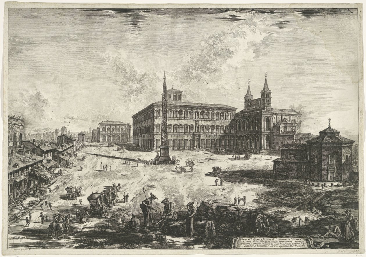 Gezicht op het Lateraan te Rome met de Sint-Jan van Lateranen Kilátás a Piazza-ra és a Laterano-i S. Giovanni-bazilikára (cím a tárgyon) Gezichten op Rome (sorozat címe) Róma kilátását Giambattista Piranesi építész, Ve (nez) ian tervezte és metszett alkotó: Giovanni Battista Piranesi