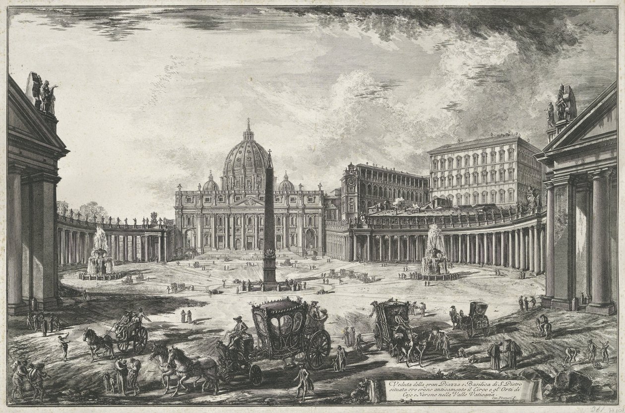 Kilátás a Szent Péter térre a Szent Péter-bazilikával a Vatikánban Veduta della gran Piazza e Basilica di S. Pietr (...) (cím a tárgyon) Róma kilátásai (sorozat címe) Vedute di Roma disegnate ed incise da Giambattista Piranesi architetto alkotó: Giovanni Battista Piranesi