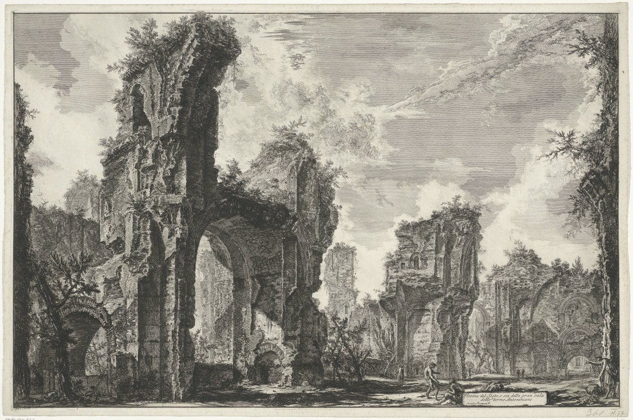 Gezichten op Rome, de Campagna stb. (122 penge) A Sisto romjai vagy az Antoninus-fürdő nagytermének mindkettő (cím a tárgyon) Gezichten op Rome (sorozat címe) Róma látképeit Giambattista Piranesi építész, Ve(nez)iano (komoly) rajzolta és metszett alkotó: Giovanni Battista Piranesi