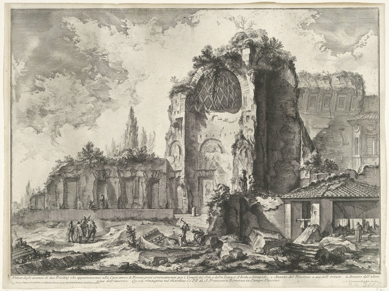 Gezichten op Rome, de Campagna stb. (122 penge) Kilátás a Neron Aranyházához tartozó két Triclinj maradványaira (...) (cím a tárgyon) Gezichten op Rome (sorozat címe) Róma látképeit Giambattista Piranesi építész rajzolta és vésette alkotó: Giovanni Battista Piranesi