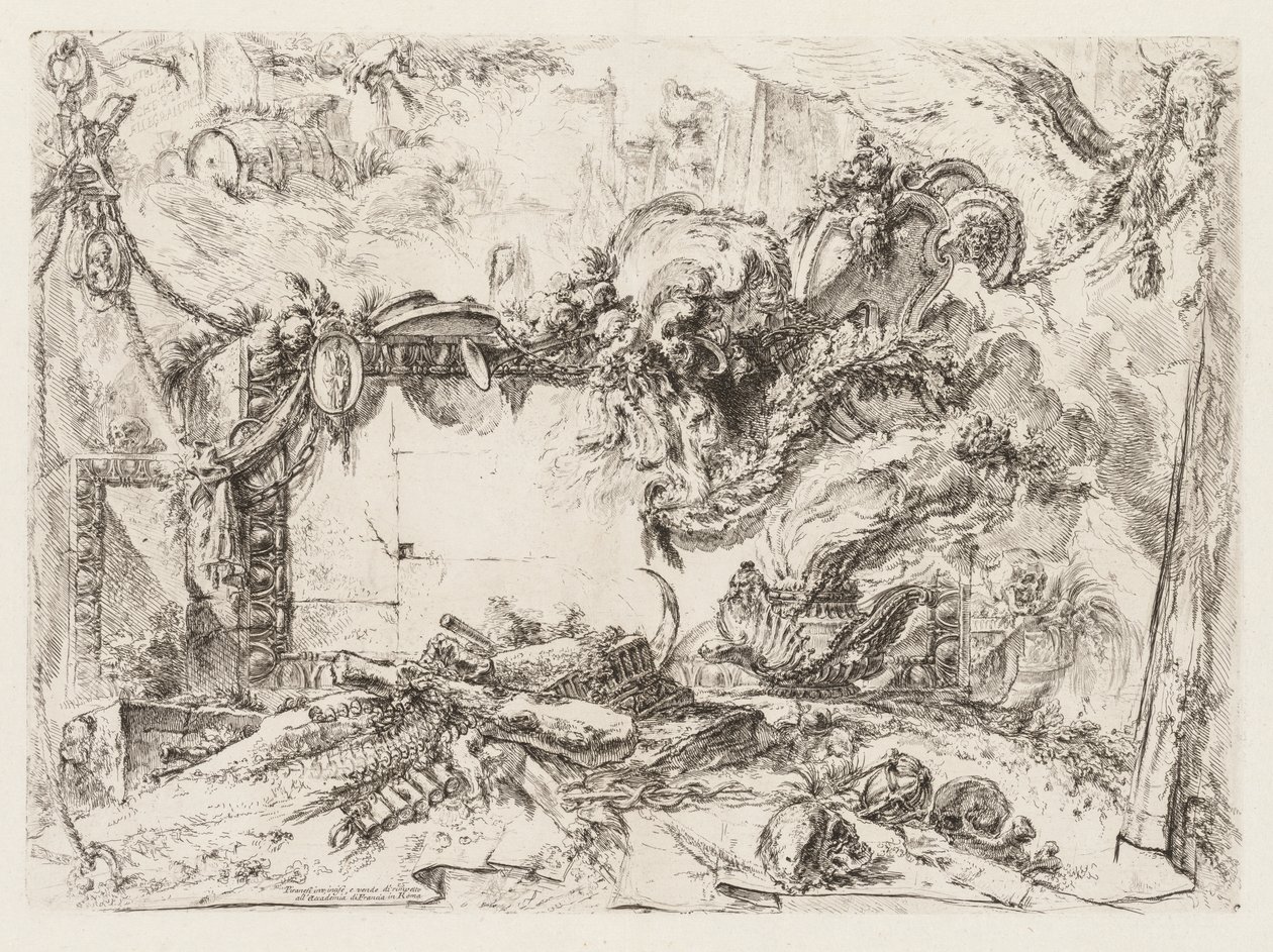 Groteschi: Romok koponyákkal és dohányzó vázával alkotó: Giovanni Battista Piranesi