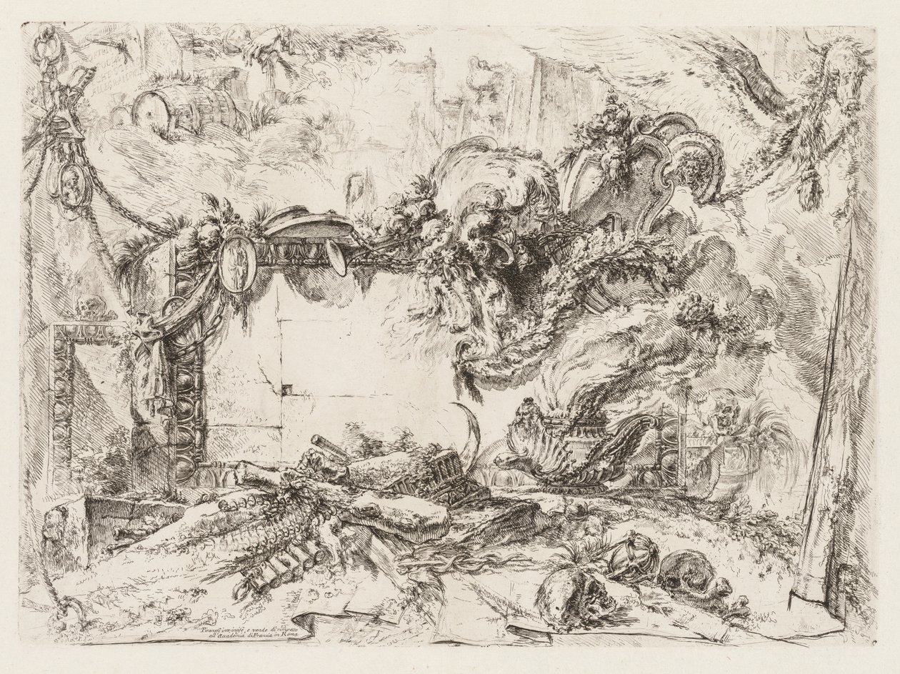 Groteschi: Romok koponyákkal és dohányzó vázával, kb. 1745-50. alkotó: Giovanni Battista Piranesi
