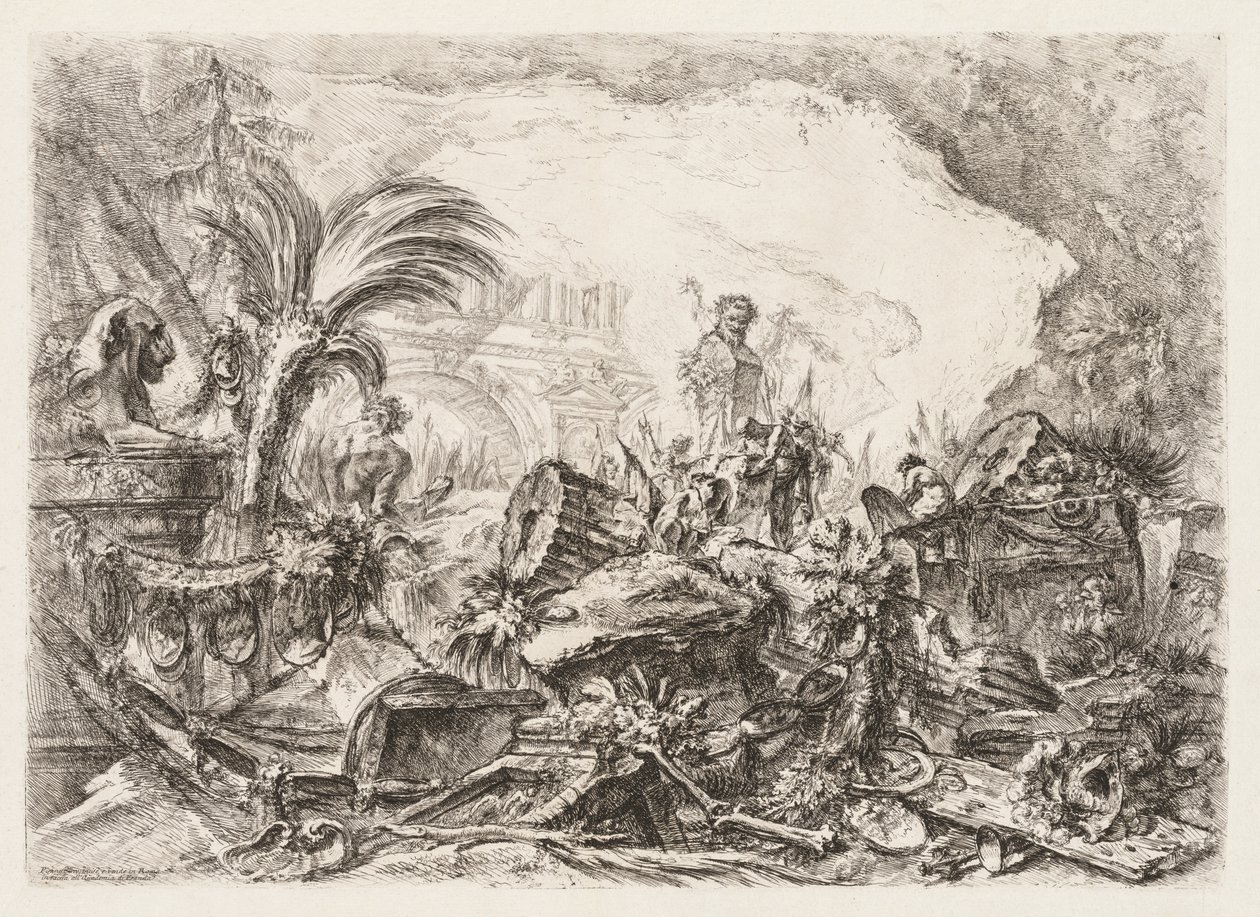 Groteschi: Romok egy faun szoborral és egy ledőlt oszloppal, kb. 1745-50. alkotó: Giovanni Battista Piranesi