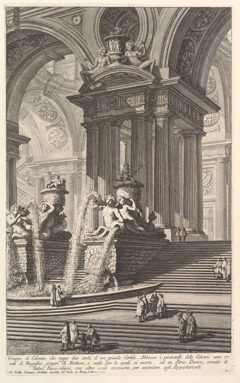 Oszlopcsoport, amely egy nagy udvar két ívét támasztja alá. . . Gruppo di Colonn..., kb. 1750. alkotó: Giovanni Battista Piranesi