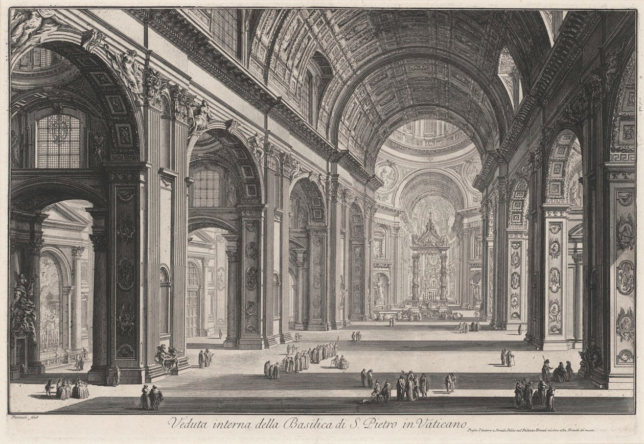 A vatikáni Szent Péter-bazilika belső nézete (a Vedute di Roma című műből) alkotó: Giovanni Battista Piranesi