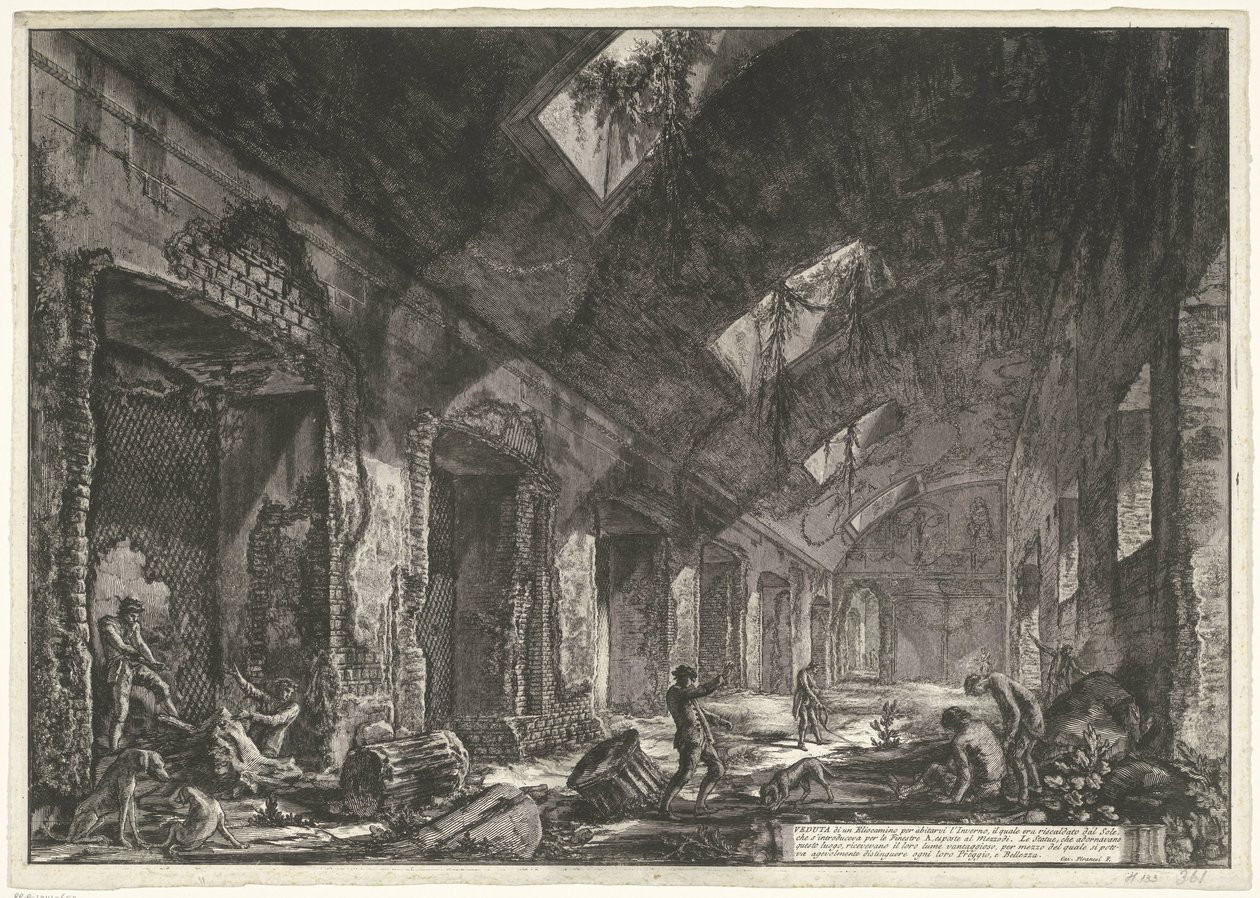 Interieur van de Heliocaminus Baden in de Villa Adriana t és Tivoli Kilátás egy télen lakható Helio-kandallóra, amelyet az ablakon keresztül bevezetett Nap fűtött (cím az objektumon) Gezichten op Rome (sorozat címe) Róma kilátásai diseg alkotó: Giovanni Battista Piranesi