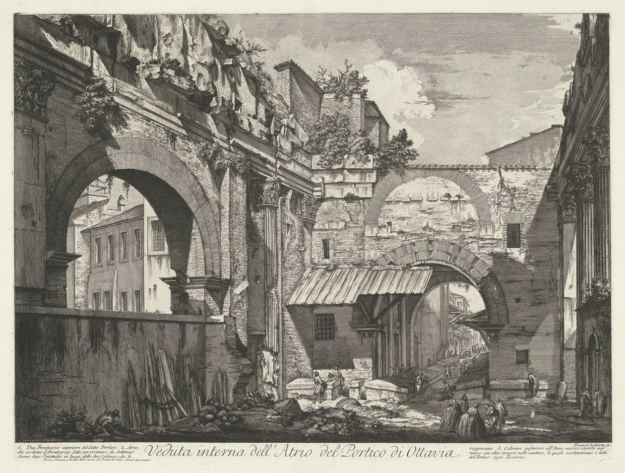 Interieur van de Porticus van Octavia Rómában Az Octavia portikó átriumának belső képe (cím a tárgyon) Gezichten op Rome (sorozat címe) Róma kilátásai, amelyeket Giambattista Piranesi építész, Ve (nez) iano tervezett és vésett (sorozat címe) alkotó: Giovanni Battista Piranesi