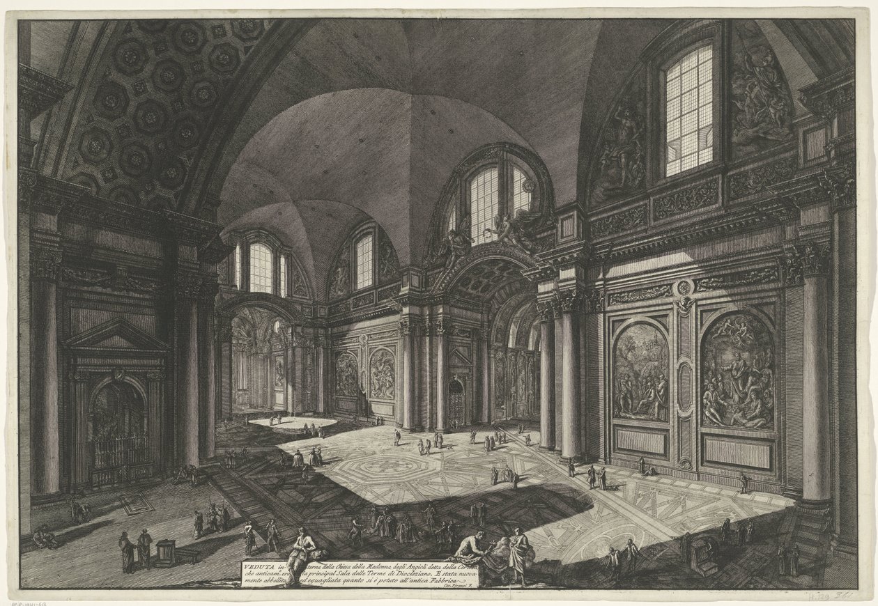 Interieur van de Santa Maria degli Angeli e dei Martiri Rómában Az ősi Madonna degli Anioli della della Certosa templom belső képe, amely a Diocletianus-fürdő főterme volt (cím a tárgyon) Gezichten op Rome (sorozat címe) alkotó: Giovanni Battista Piranesi