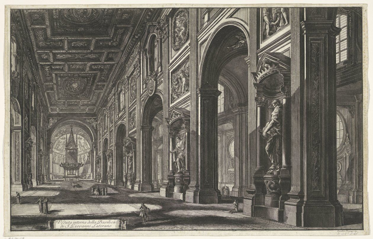Interieur van de Sint-Jan van Lateranen te Róma A S. Giovanni Laterano-bazilika belső képe (cím a tárgyon) Gezichten op Rome (sorozat címe) Róma látképei, amelyeket Giambattista Piranesi építész, Ve (nez) iano tervezett és vésett (sorozat címe) alkotó: Giovanni Battista Piranesi