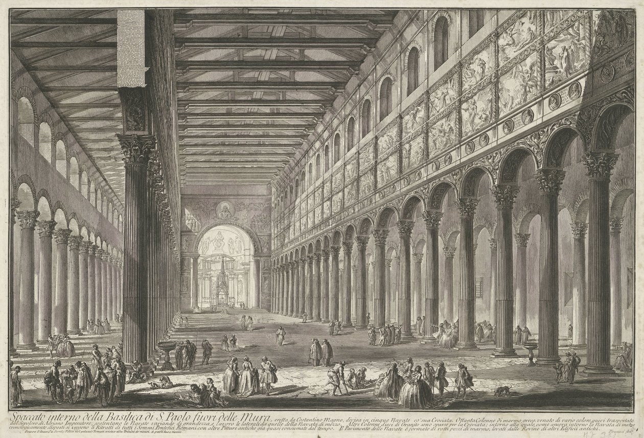Interieur van de Sint-Paulus buiten de Muren te Rome A S. Paolo fuori delle Mur bazilika belső képe (...) (cím a tárgyon) Gezichten op Rome (sorozat címe) Róma kilátását Giambattista Piranesi építész, Ve (nez) iano tervezte és metszett alkotó: Giovanni Battista Piranesi