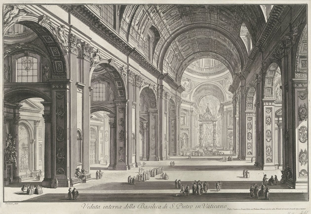 Interieur van de Sint-Pietersbasiliek te Vaticaanstad A vatikáni Szent Péter-bazilika belső képe (cím a tárgyon) Gezichten op Rome (sorozat címe) Róma látképeit Giambattista Piranesi építész, Ve(nez)iano rajzolta és metszett (ti sorozat alkotó: Giovanni Battista Piranesi