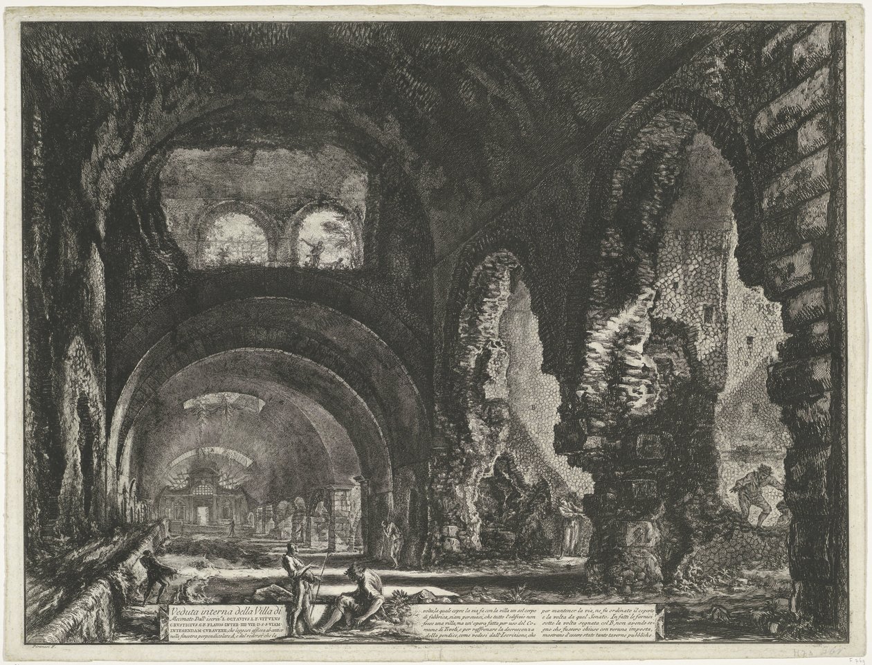 Interieur van de Tempel Hercules Victor te Tivoliban A Villa di Mecenate belső képe (cím a tárgyon) Gezichten op Rome (sorozat címe) Róma látképeit Giambattista Piranesi építész, Ve(nez)iano rajzolta és vésette (sorozat címe) alkotó: Giovanni Battista Piranesi