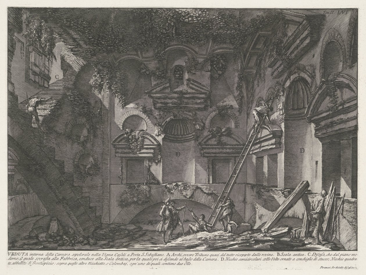 Interieur van graftombe bij Vigna Casali A Vigna Casali sírkamrájának belső képe a Porta S. Sebastiano-nál (cím a tárgyon) Archeologische vondsten in en rond Rome (sorozat címe) Római régiségek (sorozat címe) alkotó: Giovanni Battista Piranesi