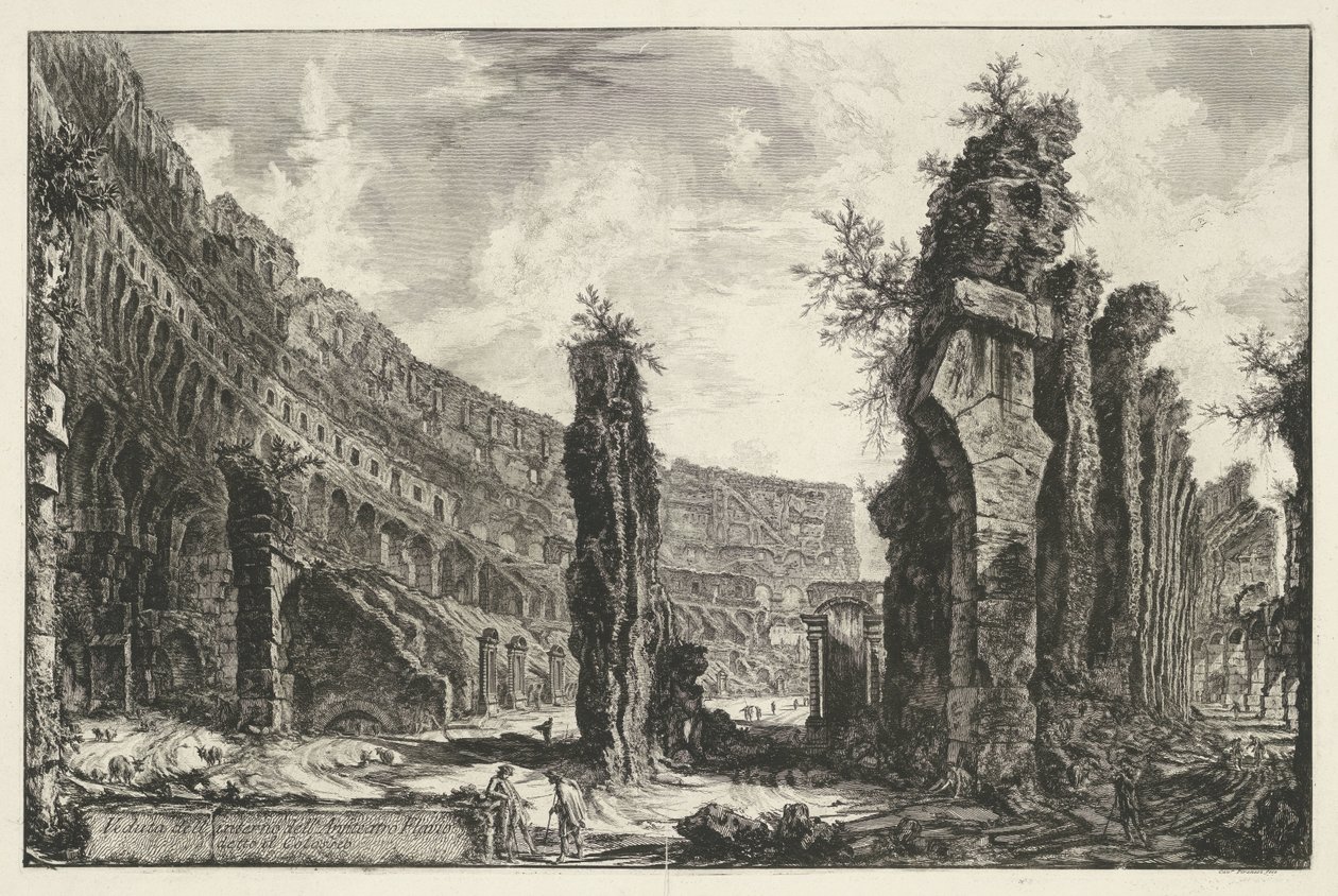 A római Colosseum belseje Kilátás a Colosseumként ismert Flavius-amfiteátrum belsejére (cím a tárgyon) Gezichten op Rome (sorozat címe) Róma kilátásai, amelyeket Giambattista Piranesi építész, Ve (nez) iano tervezett és vésett (sorozat címe) alkotó: Giovanni Battista Piranesi