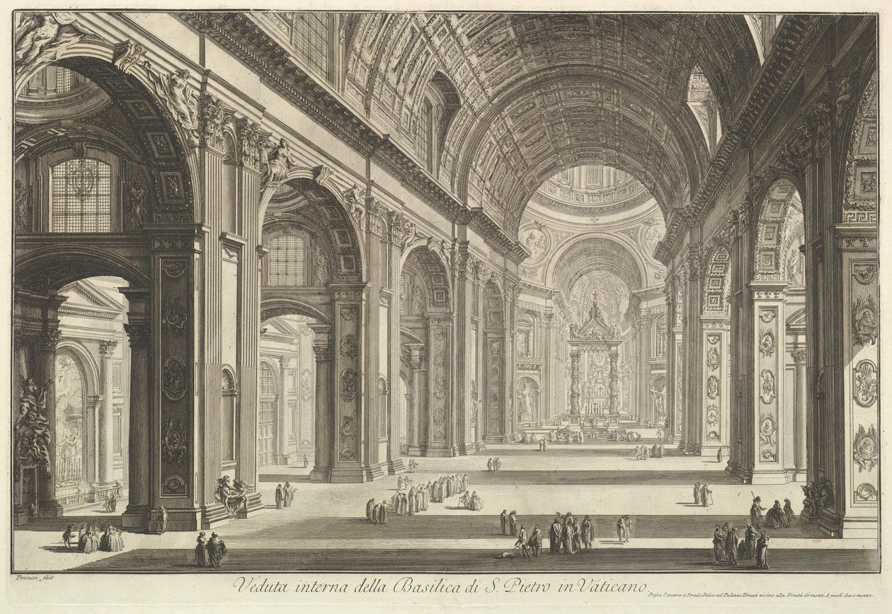 A vatikáni Szent Péter-bazilika belső nézete, a „Vedute di Roma” (Római látképek) című sorozatból alkotó: Giovanni Battista Piranesi