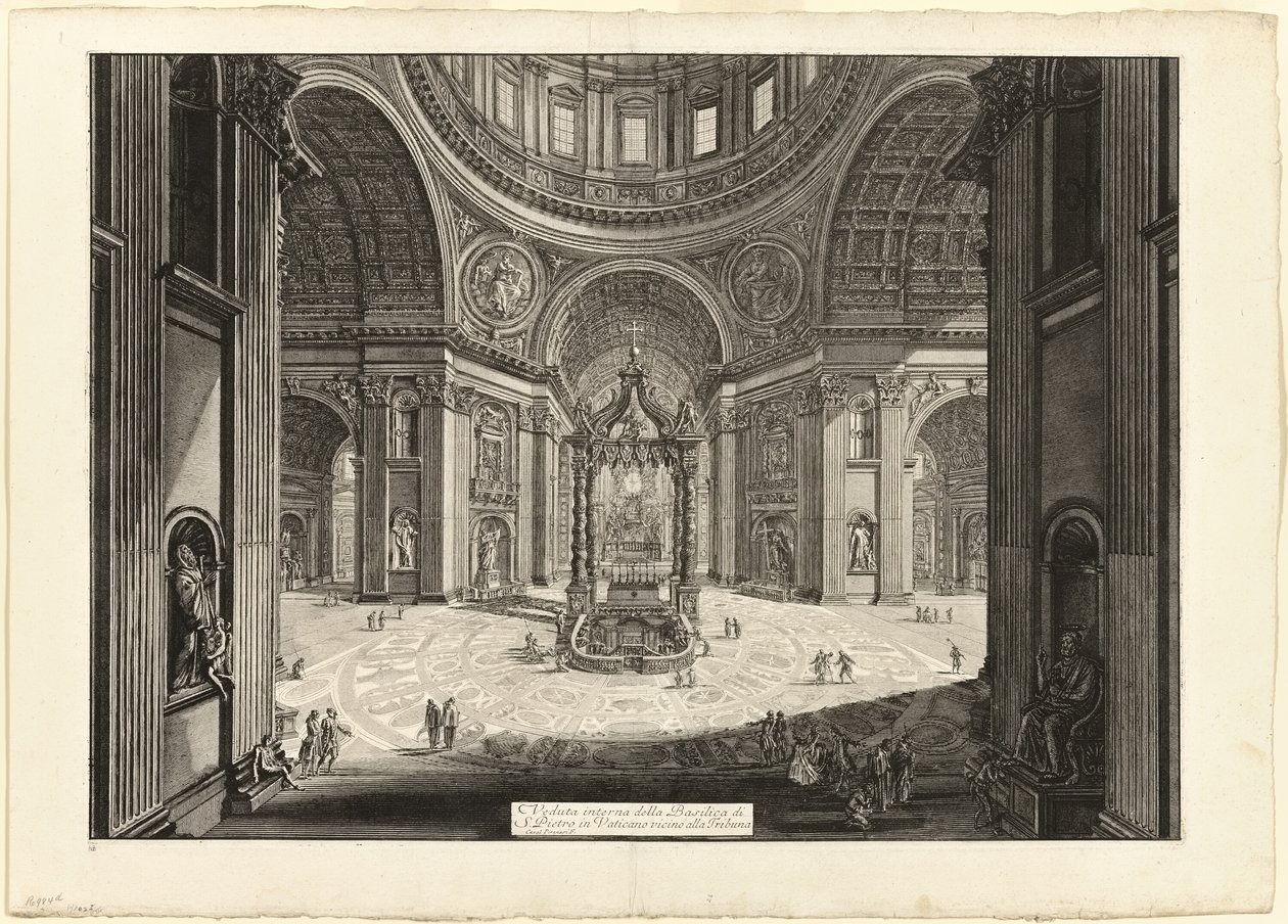 A vatikáni Szent Péter-bazilika belső nézete, a Tribün közelében, a Views of Rome (Nézetek Rómáról) című kiadványból. alkotó: Giovanni Battista Piranesi