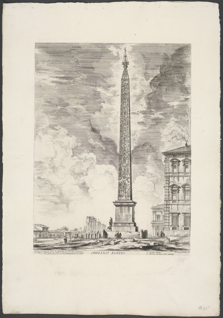 Lateraanse Obelisk Rómában Egyiptomi obeliszk (cím a tárgyon) Gezichten op Rome (sorozat címe) Róma látképei, amelyeket Giambattista Piranesi építész, Ve (nez) iano tervezett és vésett (sorozat címe) alkotó: Giovanni Battista Piranesi