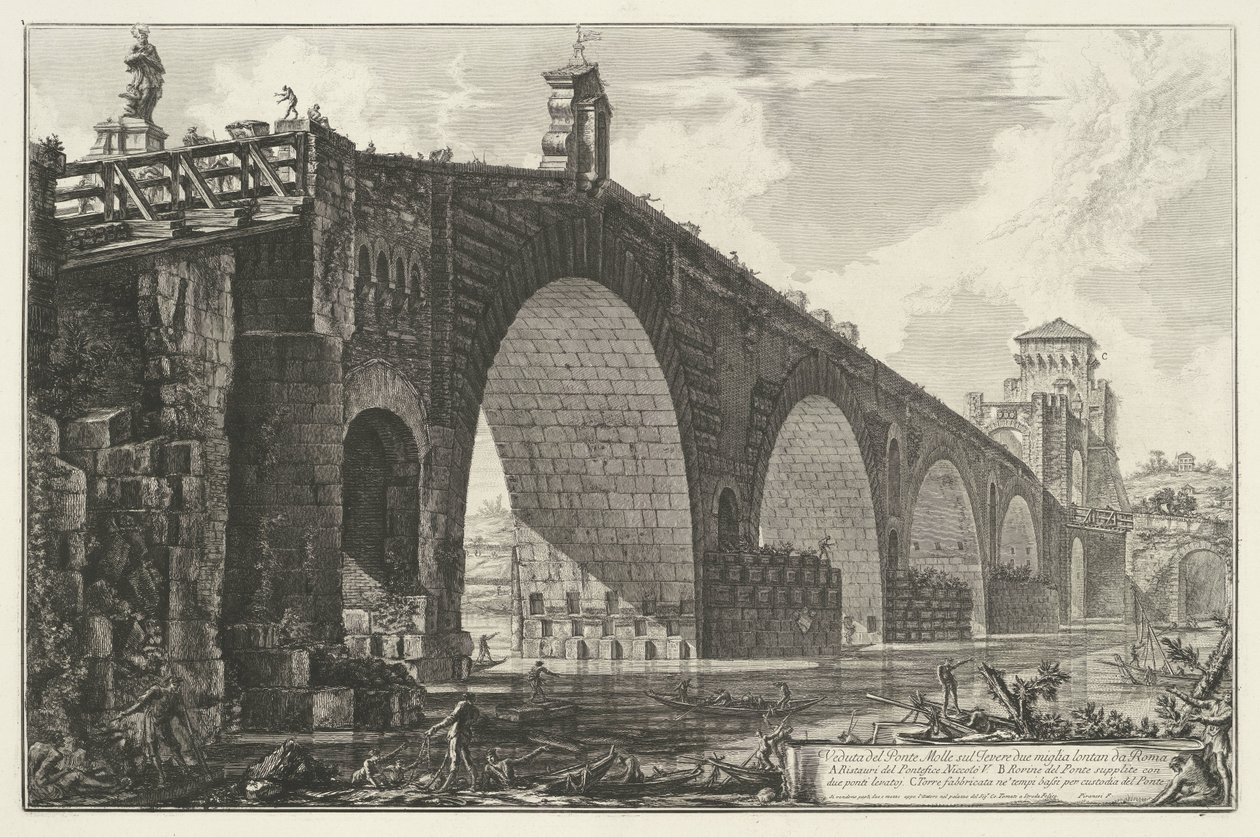 Milvische brug te Róma Kilátás a Ponte Molle-ra a Tiberis felett, két mérföldre Rómától (cím a tárgyon) Gezichten op Rome (sorozat címe) Róma látképei, amelyeket Giambattista Piranesi építész, Ve (nez) iano tervezett és vésett (sorozat címe) alkotó: Giovanni Battista Piranesi
