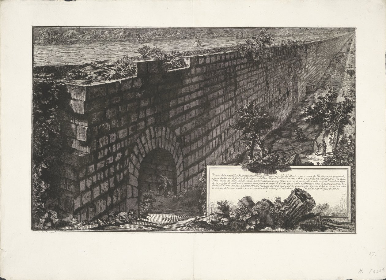 Muurconstructie Kilátás a csodálatos alépítményre, amelyet a hegy lejtőjének alátámasztására, valamint a Via Appia kényelmesebbé és kevésbé lejtősebbé tételére építettek a völgy és a két szemközti domb között (...) (cím az objektumon) Archeologische vondst alkotó: Giovanni Battista Piranesi