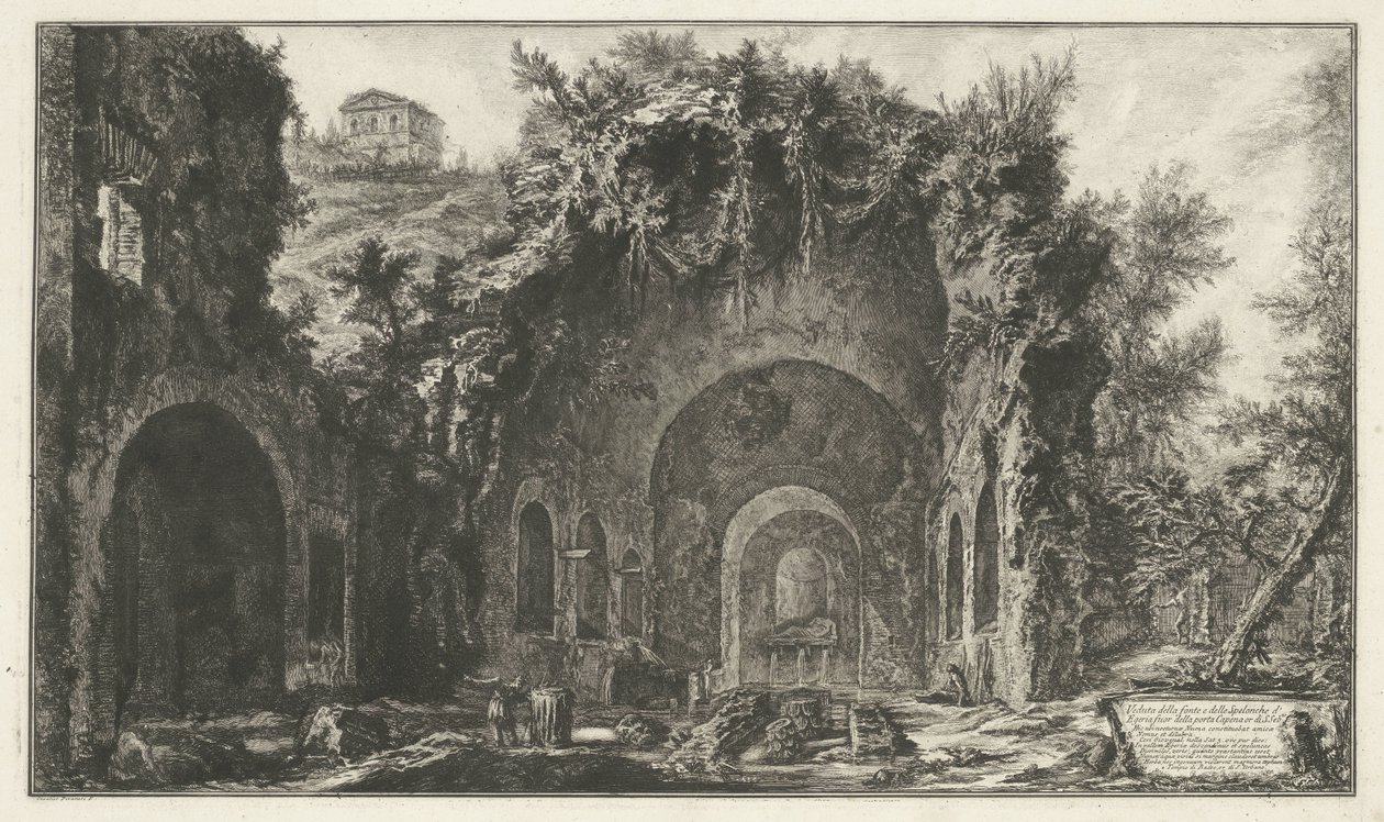 Nymphaeum van Egeria Rómában Kilátás a forrásra és az egyiptomi barlangokra a Porta Capena vagy di S. Seb.no (...) mellett (cím az objektumon) Gezichten op Rome (sorozat címe) Giambattista Piranesi építész, Ve (nez) ia által tervezett és metszett római kil alkotó: Giovanni Battista Piranesi