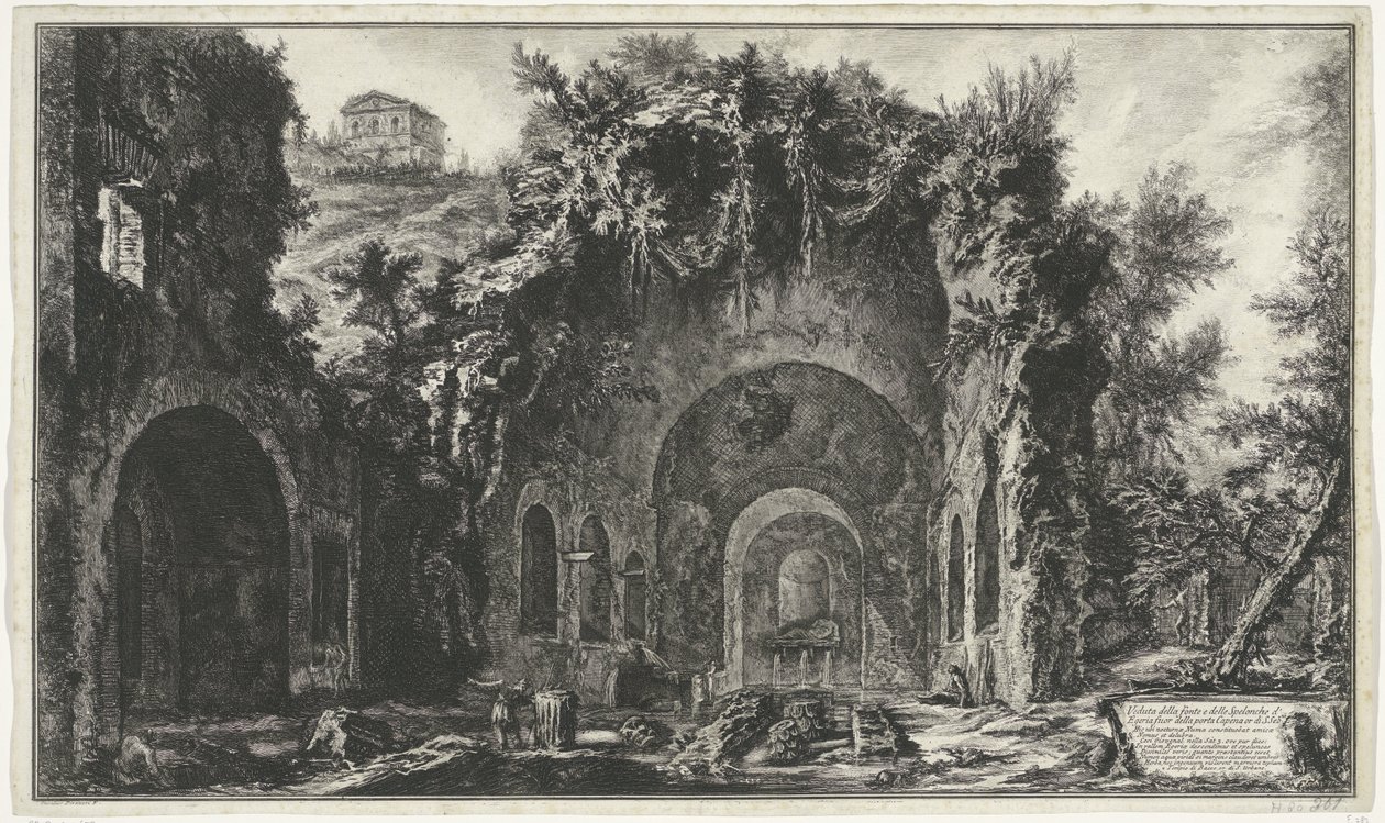 Nymphaeum van Egeria Rómában Kilátás a forrásra és az egyiptomi barlangokra a Porta Capena vagy di S. Seb.n kívül (...) (cím az objektumon) Gezichten op Rome (sorozat címe) Róma kilátását Giambattista Piranesi építész, Ve (nez) ian tervezte és vésette alkotó: Giovanni Battista Piranesi