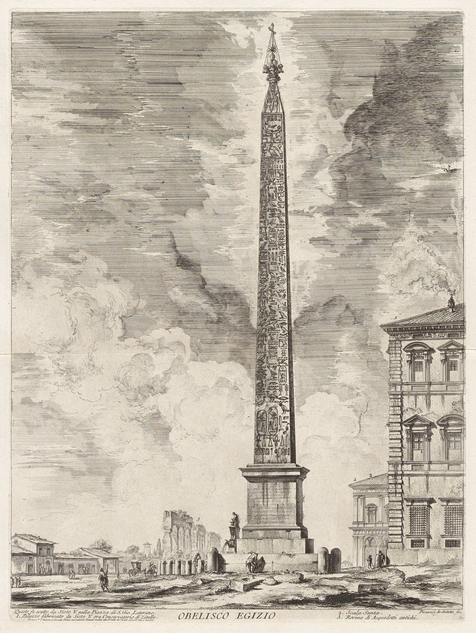 Egyiptomi obeliszk. Ezt V. Szixtusz pápa emeltette a Piazza di S. Gio. Lateranón, a Vedute di Roma (Római látképek) című sorozatból alkotó: Giovanni Battista Piranesi