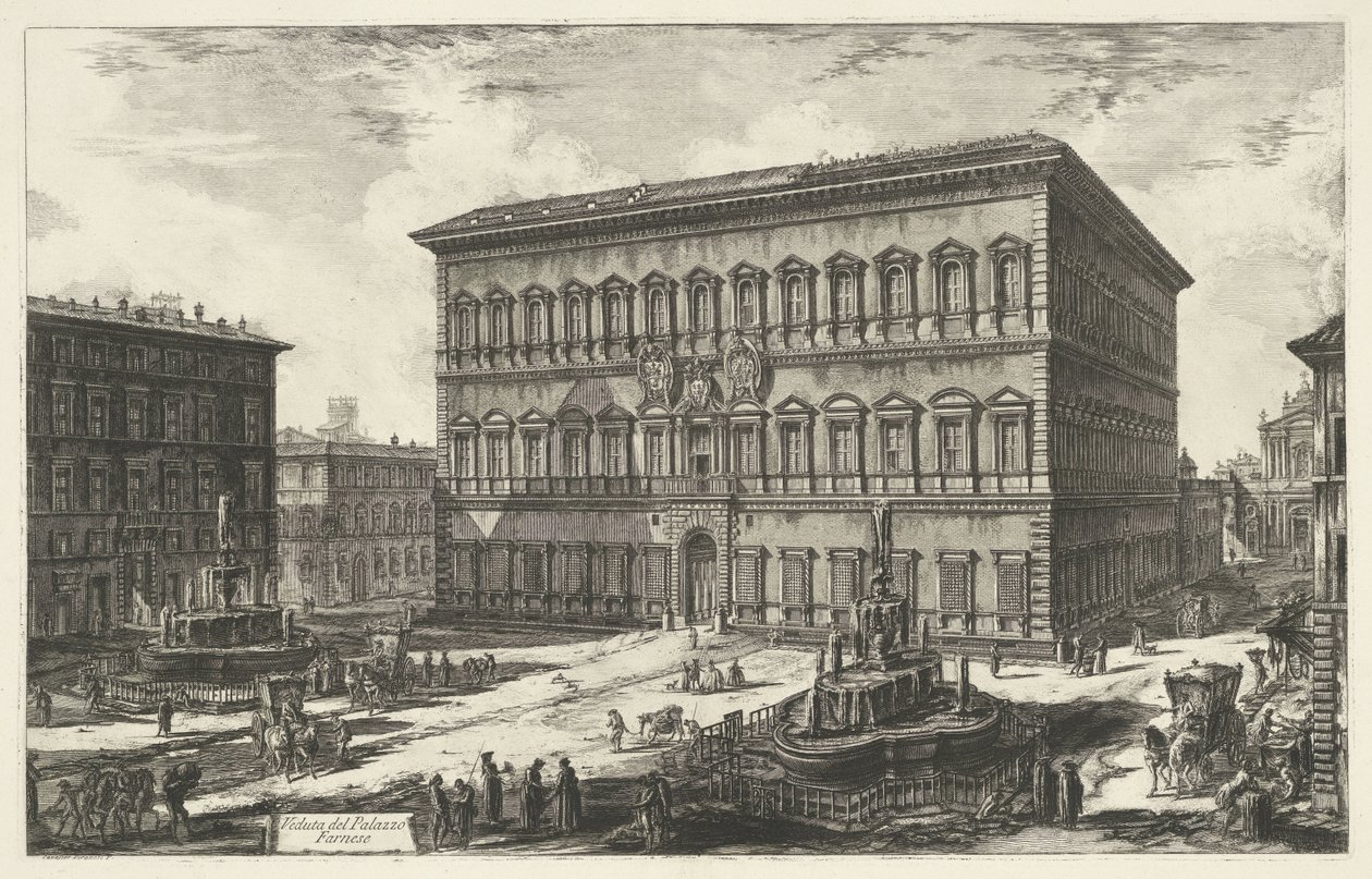 Farnese palota Rómában Kilátás a Palazzo Farnese-ra (cím a tárgyon) Gezichten op Rome (sorozat címe) Róma kilátásai, amelyeket Giambattista Piranesi építész, Ve (nez) iano tervezett és vésett (sorozat címe) alkotó: Giovanni Battista Piranesi