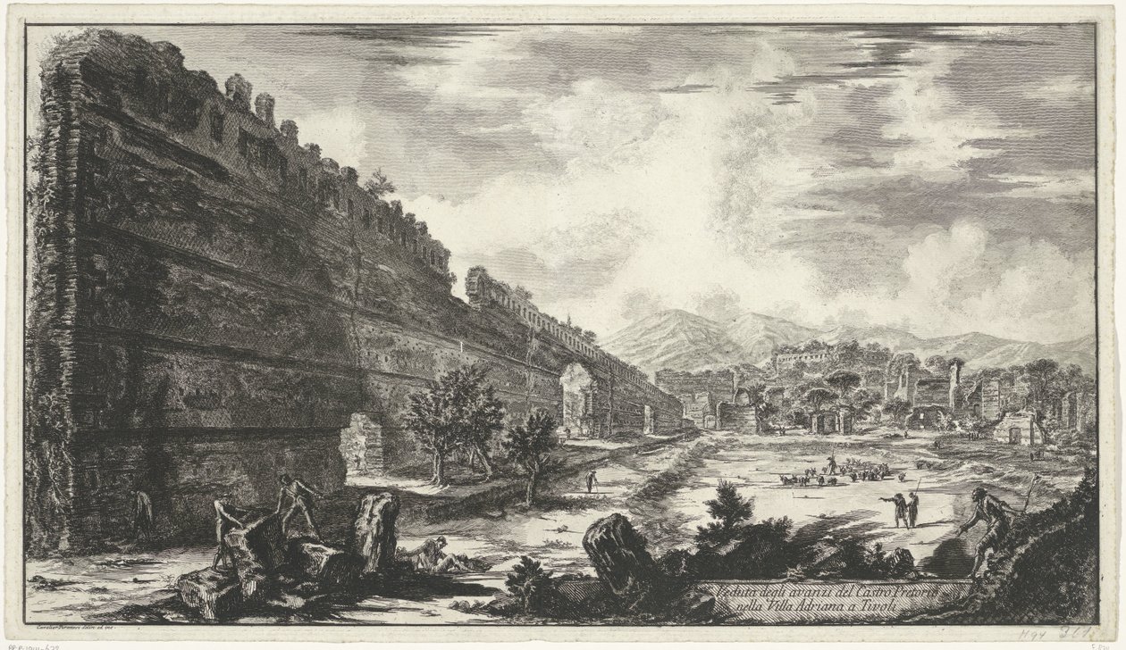 Pecile in de Villa Adriana t és Tivoli Kilátás a Castro Pretorio maradványaira a tivoli-i Villa Adrianában (cím a tárgyon) Gezichten op Rome (sorozat címe) Róma kilátásai Giambattista Piranesi építész, Ve (nez) iano által tervezett és metszett (sorozat cím alkotó: Giovanni Battista Piranesi