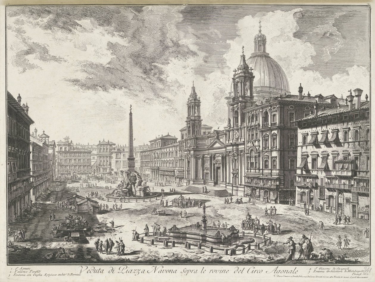 Piazza Navona Rómában Kilátás a Piazza Navonára az Agonal Circus romjai felett (cím a tárgyon) Gezichten op Rome (sorozat címe) Róma kilátásai, amelyeket Giambattista Piranesi építész, Ve (nez) iano tervezett és vésett (sorozat címe) alkotó: Giovanni Battista Piranesi