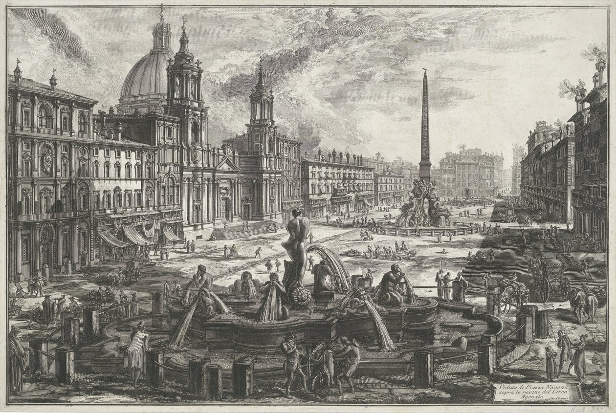 Piazza Navona Rómában Kilátás a Piazza Navonára az Agonal Circus romjai felett (cím a tárgyon) Gezichten op Rome (sorozat címe) Róma kilátásai, amelyeket Giambattista Piranesi építész, Ve (nez) iano tervezett és vésett (sorozat címe) alkotó: Giovanni Battista Piranesi