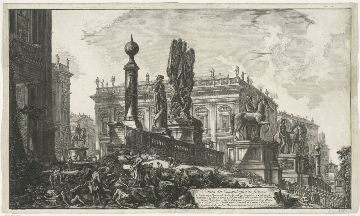 A Capitol Square van linkek gezien A Capitolium oldalnézete (cím a tárgyon) Gezichten op Rome (sorozat címe) Róma kilátásai, amelyeket Giambattista Piranesi építész, Ve (nez) iano tervezett és vésett (sorozat címe) alkotó: Giovanni Battista Piranesi