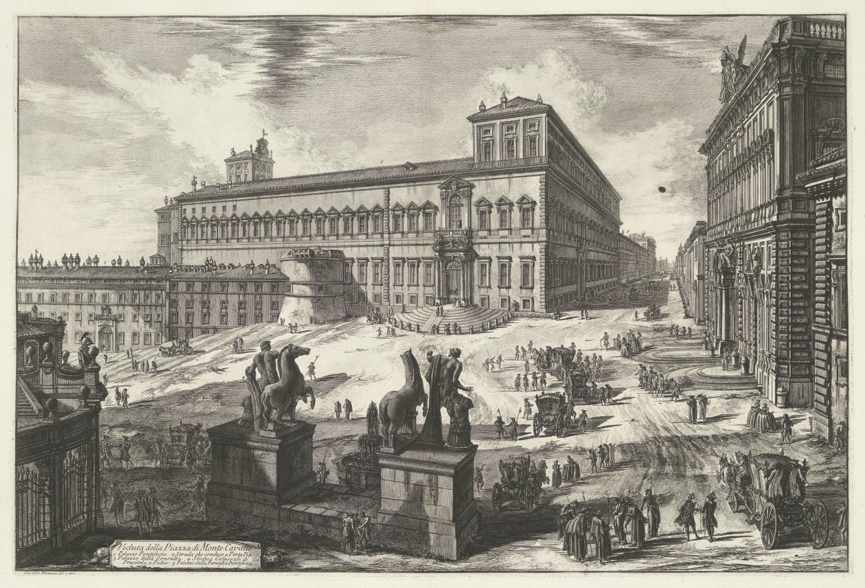 Piazza del Quirinale te Róma Kilátás a Piazza di Monte Cavallo-ra (cím a tárgyon) Gezichten op Rome (sorozat címe) Róma látképei, amelyeket Giambattista Piranesi építész, Ve (nez) iano tervezett és vésett (sorozat címe) alkotó: Giovanni Battista Piranesi