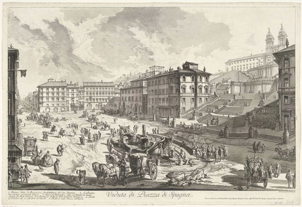 Piazza di Spagna te Róma Kilátás a Piazza di Spagna-ra (cím a tárgyon) Gezichten op Rome (sorozat címe) Róma látképei, amelyeket Giambattista Piranesi építész, Ve (nez) iano tervezett és vésett (sorozat címe) alkotó: Giovanni Battista Piranesi