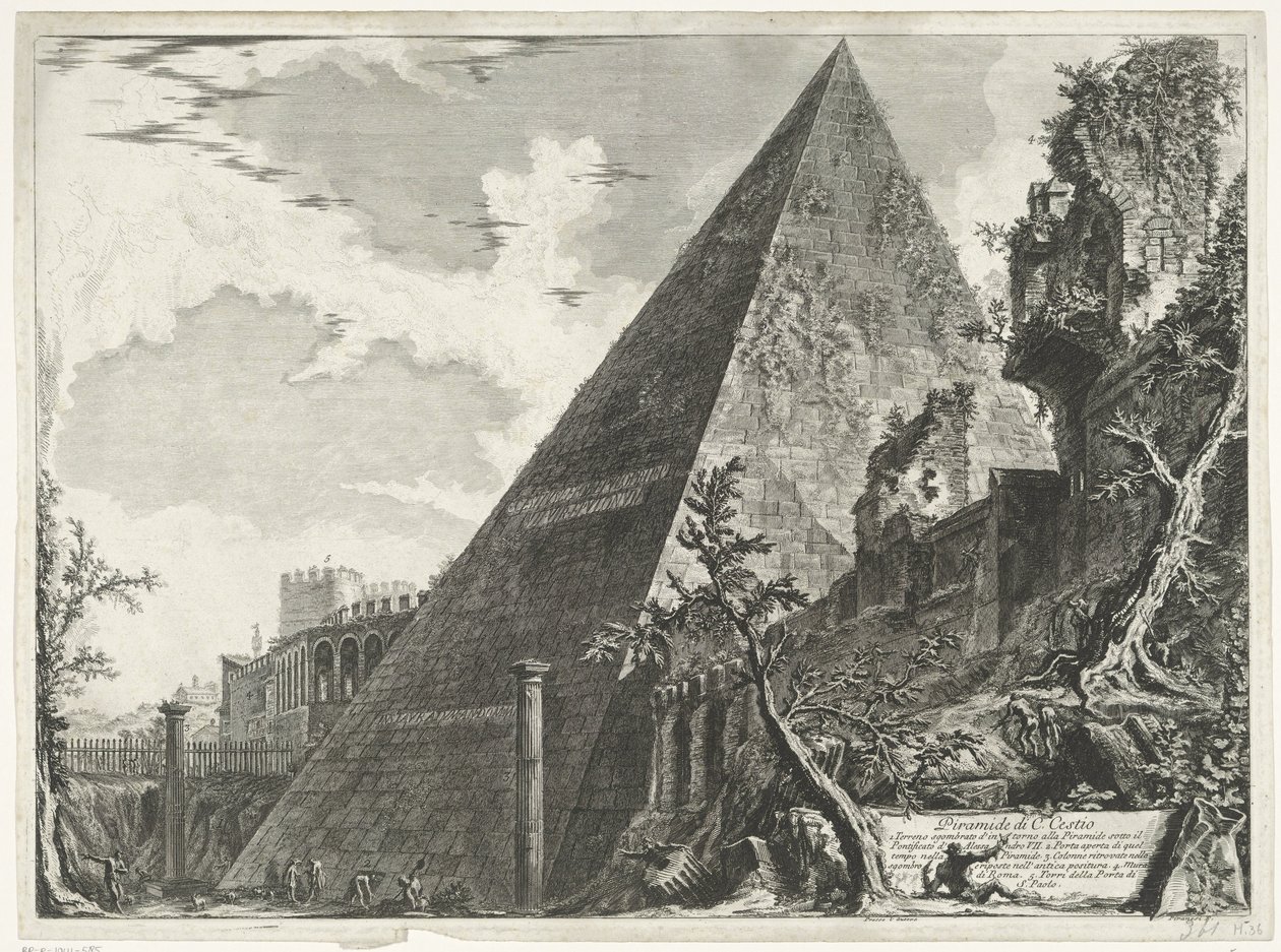Piramide van Cestius te Róma C. Cestio piramisa (cím a tárgyon) Gezichten op Rome (sorozat címe) Róma látképei, amelyeket Giambattista Piranesi építész, Ve (nez) iano tervezett és vésett (sorozat címe) alkotó: Giovanni Battista Piranesi