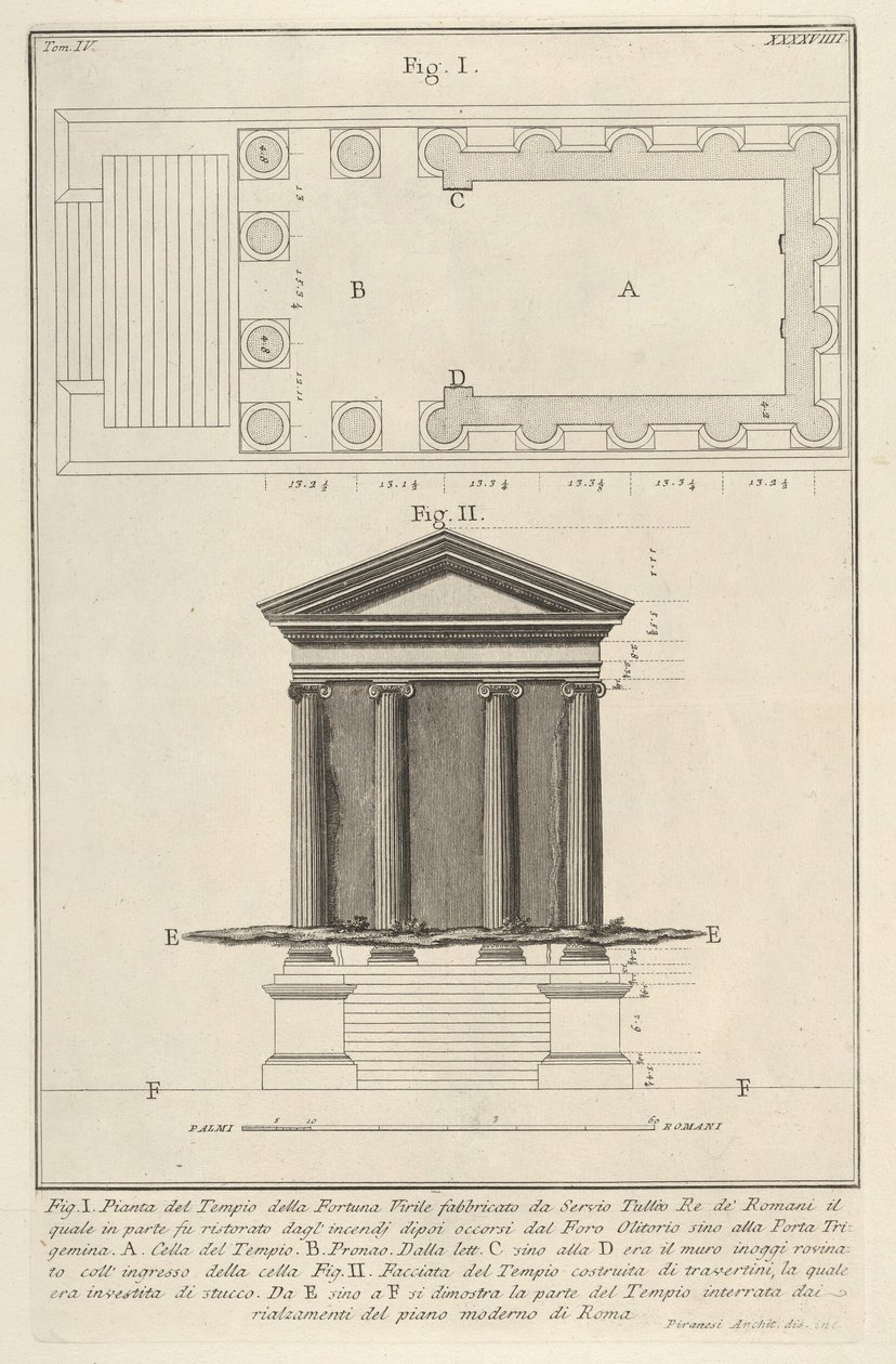 Fortuna Virilis Tempio della Fortuna Virile templom terve és homlokzata, 1756-ból. alkotó: Giovanni Battista Piranesi
