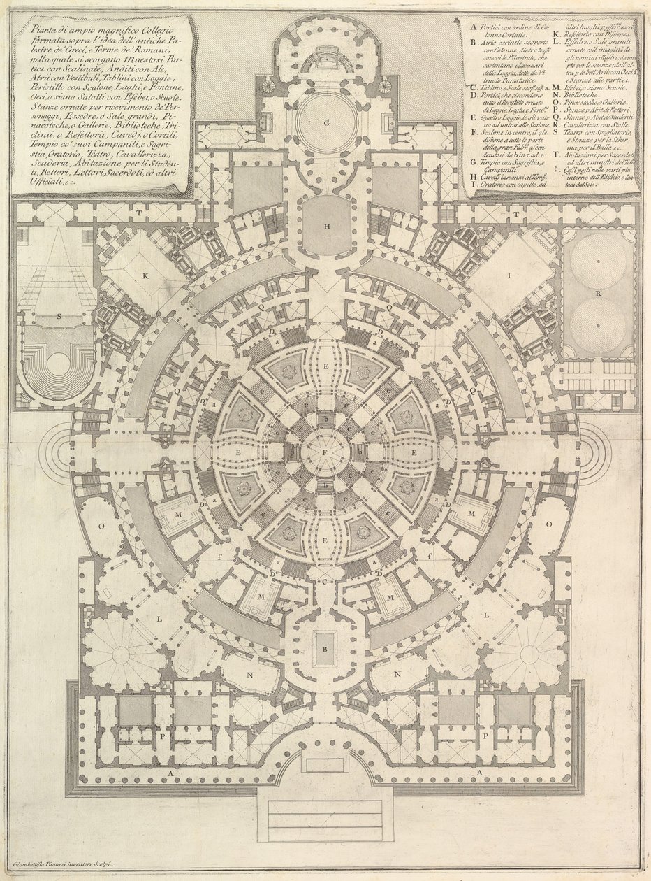 Egy tágas és csodálatos kollégium terve, amelyet a Gree... ókori tornacsarnoka után terveztek, 1750. alkotó: Giovanni Battista Piranesi