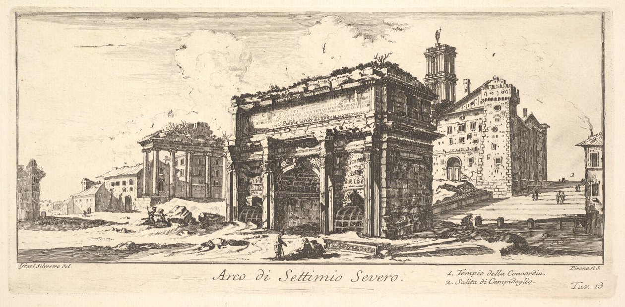 13. tábla: Septimius Severus boltíve 1. Egyetértés temploma. 2. Feljutás a Capitoliumra ..., kb. 1748. alkotó: Giovanni-Battista Piranesi