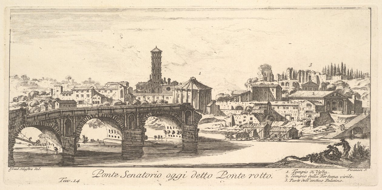 14. tábla: Szenátori híd, ma Ponte Rotto Broken Bridge néven. 1. Temple o..., kb. 1748. alkotó: Giovanni Battista Piranesi
