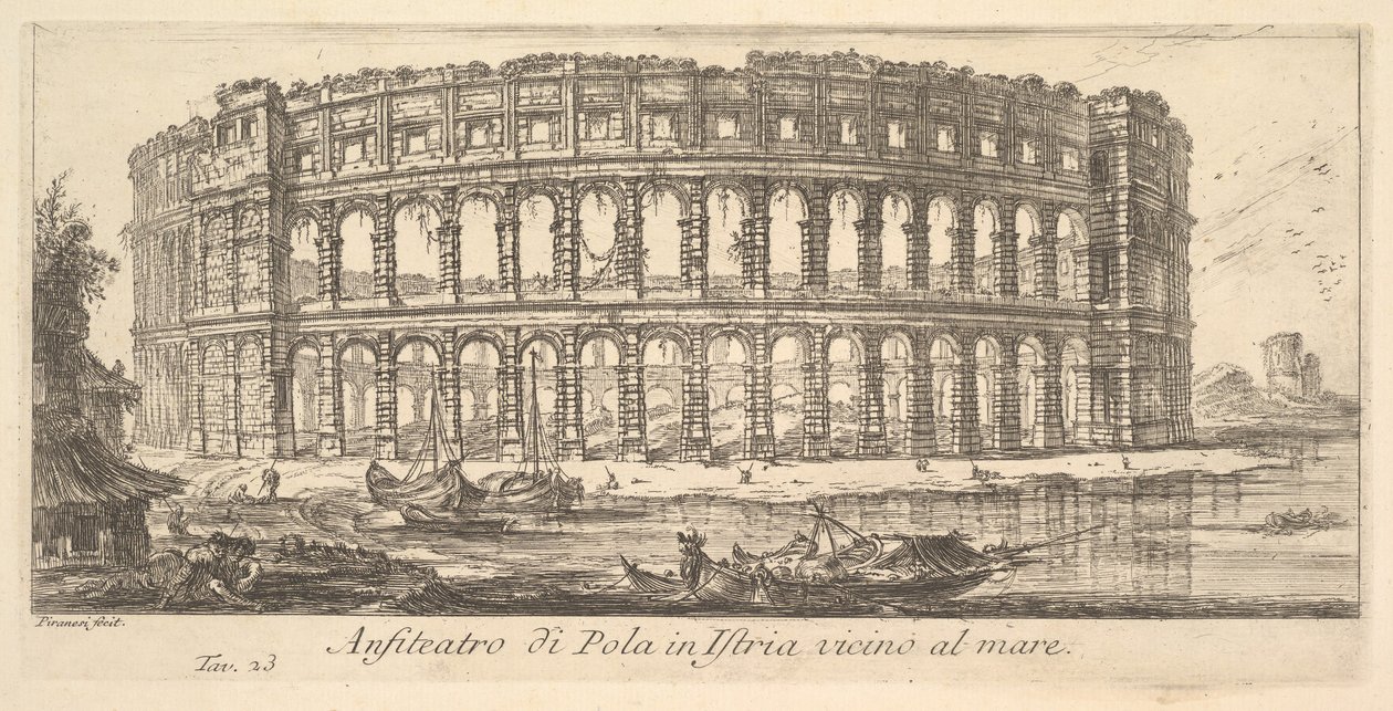 23. tábla: Pulai amfiteátrum Isztrián a tenger közelében Pula amfiteátruma Isztria vi ..., kb. 1748. alkotó: Giovanni Battista Piranesi