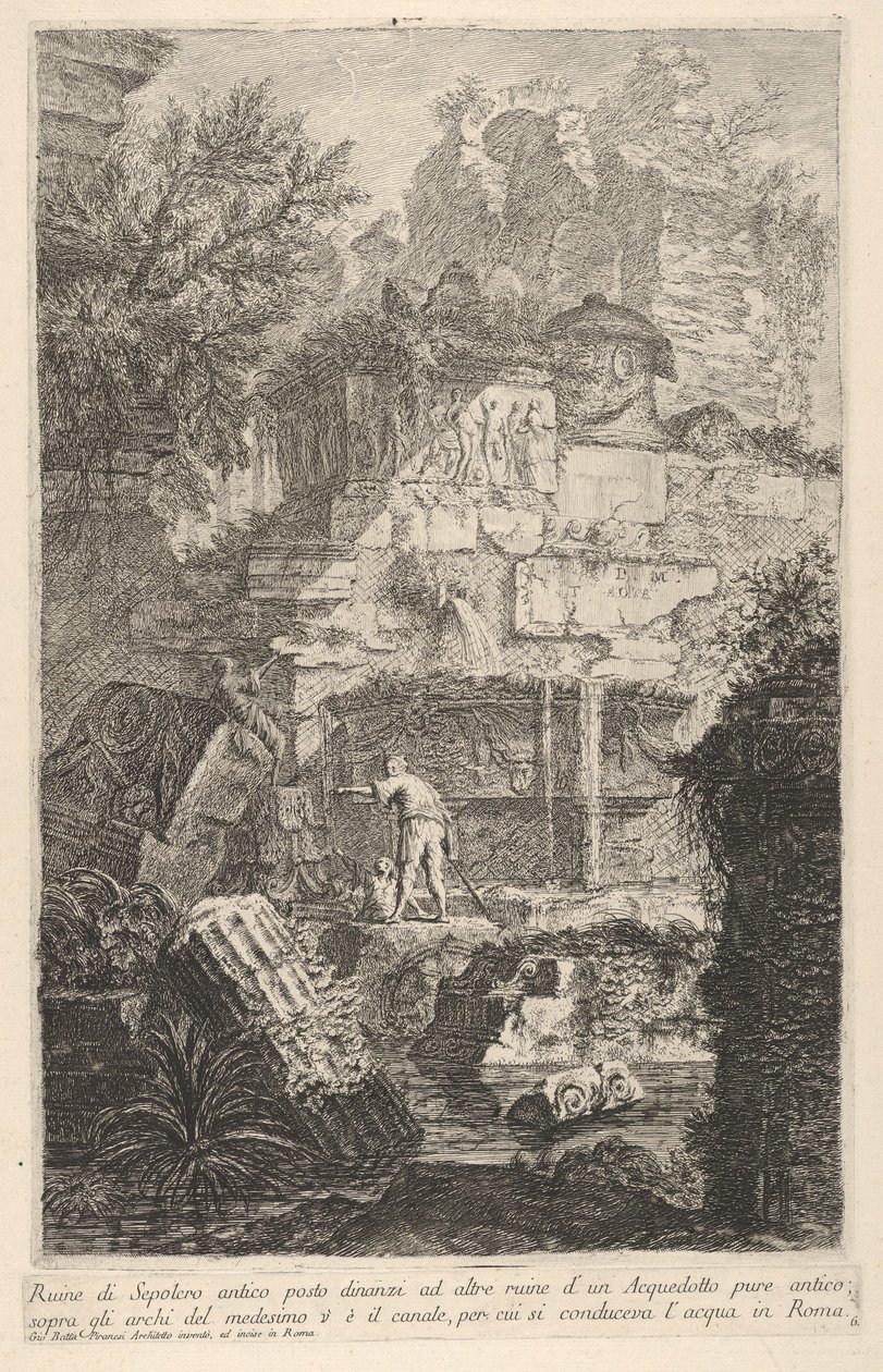 6. tábla: Őssír romjai ókori vízvezeték romjai előtt, az ív fölött..., 1743. alkotó: Giovanni Battista Piranesi