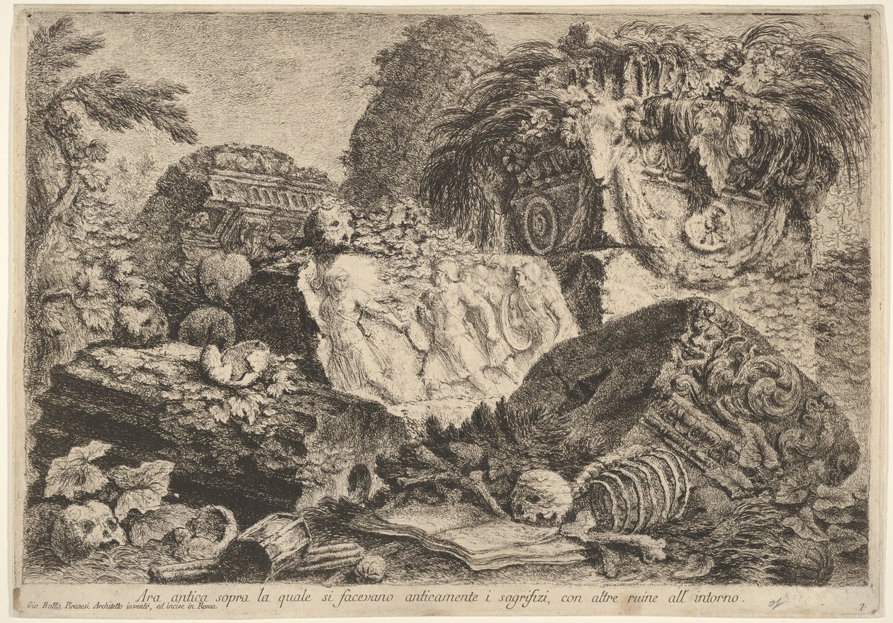 7. tábla: Ősi oltár, amelyen az ókorban áldoztak, körülvéve oth..., 1743. alkotó: Giovanni Battista Piranesi