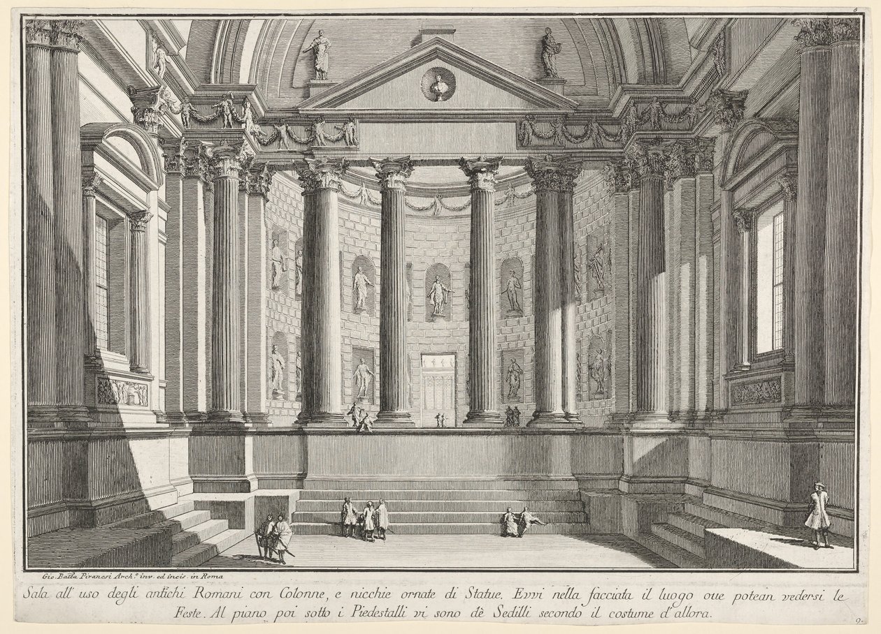 9. tábla: Oszlopos csarnok az ókori rómaiak szokása szerint, fülkék díszítik..., 1743. alkotó: Giovanni Battista Piranesi