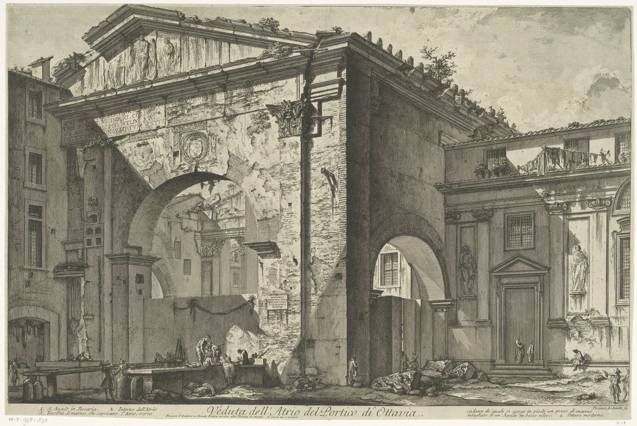 Porticus van Octavia Rómában Kilátás az Octavia portikusz átriumára (cím a tárgyon) Gezichten op Rome (sorozat címe) Róma látképei, amelyeket Giambattista Piranesi építész, Ve (nez) iano tervezett és vésett (sorozat címe) alkotó: Giovanni Battista Piranesi
