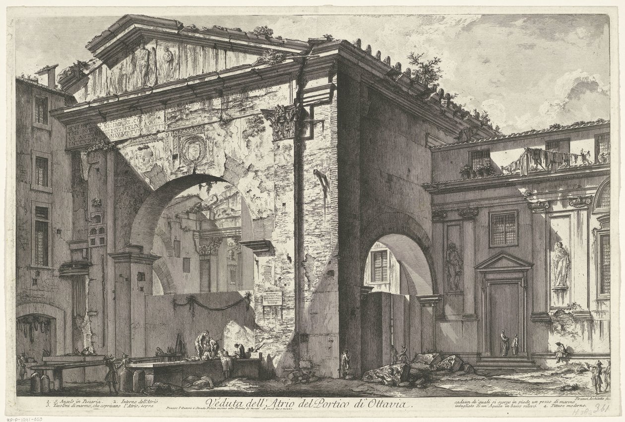Porticus van Octavia Rómában Kilátás az Octavia portikusz átriumára (cím a tárgyon) Gezichten op Rome (sorozat címe) Róma látképei, amelyeket Giambattista Piranesi építész, Ve (nez) iano tervezett és vésett (sorozat címe) alkotó: Giovanni Battista Piranesi