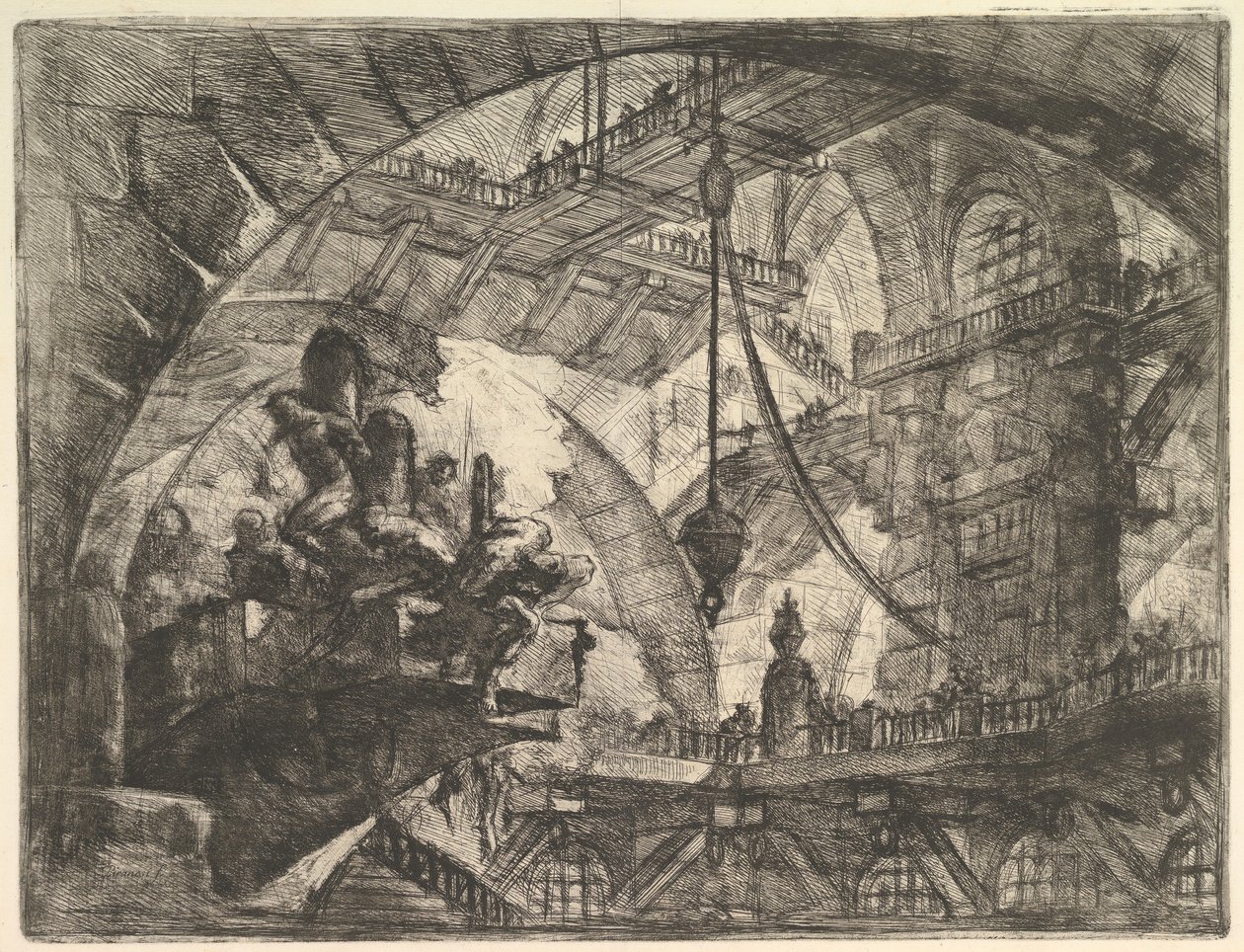 Foglyok egy kivetítő platformon, a Carceri dinvenzione Imaginary Prisons, kb. 1749-50. alkotó: Giovanni Battista Piranesi