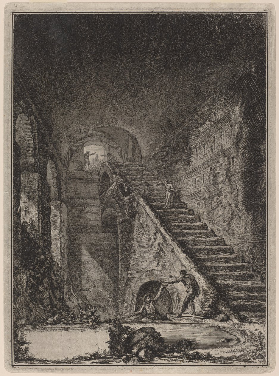 Az előbb említett házak vízügyi lépcsőházának perspektívája, a XIII. G. alkotó: Giovanni Battista Piranesi