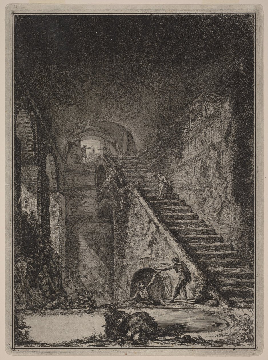 A már említett szállások víztárolójának lépcsőjének perspektívája, az alaprajzon a XIII. táblán G betűvel jelölve. alkotó: Giovanni Battista Piranesi